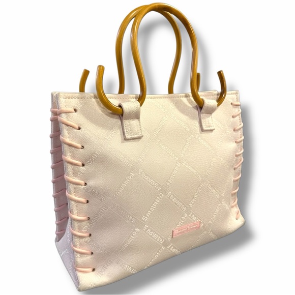 Samantha Thavasa Handbags - Samantha Thavasa Pink Logo Jacquard Bamboo Handle Tote Bag Whipstitch